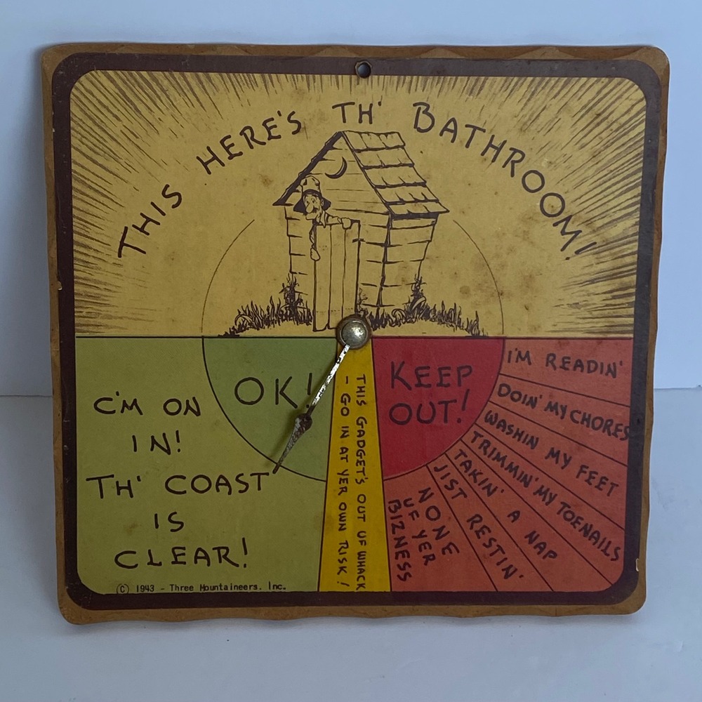 Three Mountaineers Bathroom Sign Vintage 1943 This Here's Th' Bathroom Folk Art